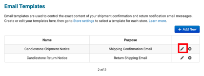 Box highlights the pencil icon on the email templates page