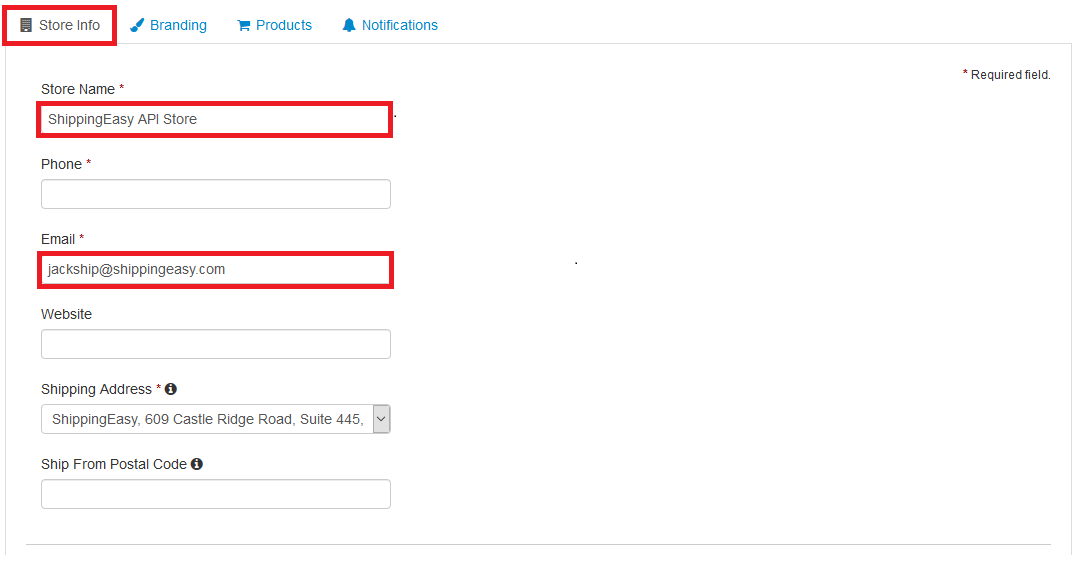 The Store Name and Email fields are highlighted on the Store Info tab.