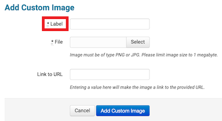 Add new custom image page with the Label name field marked