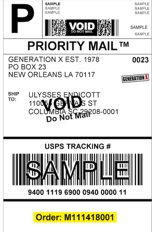 USPS Priority Mail label that shows the order number highlighted.