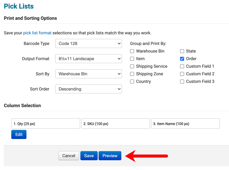 cancel save and preview buttons marked on Pick List page