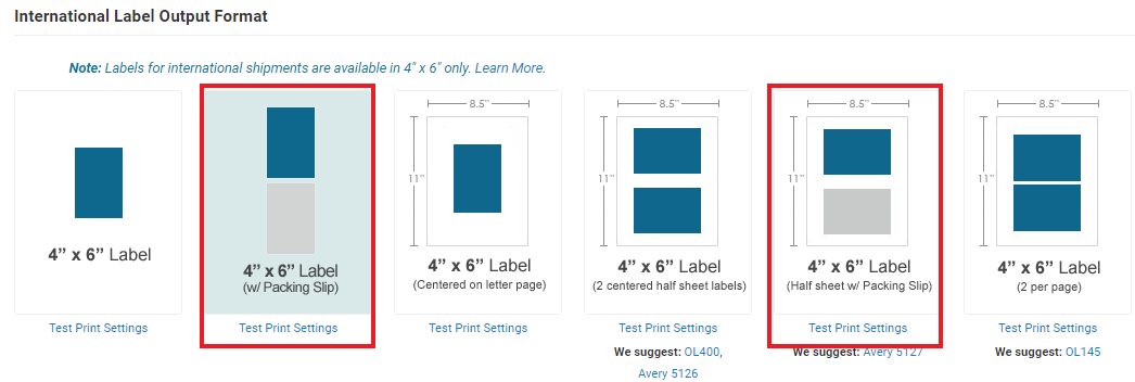 Format options for international labels and packing slips