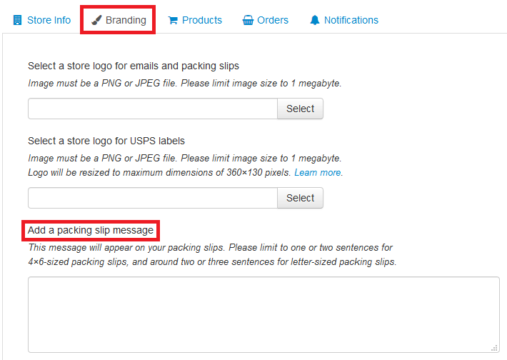 Add a packing slip message is highlighted on the branding tab.