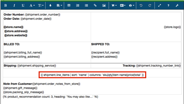 Box highlights the code on the template for shipment dot line underscore items