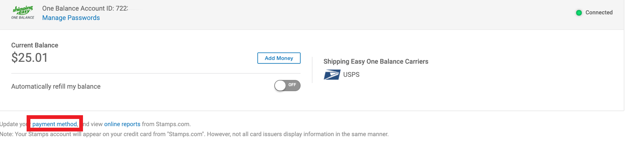 The One Balance and Carriers screen with the Payment Method link highlighted.