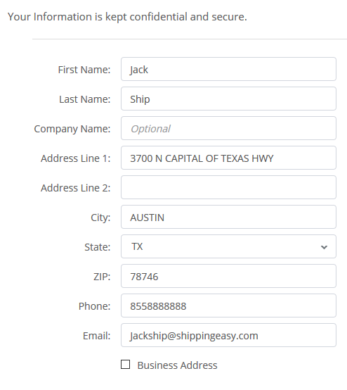 The Stamps.com Contact Info screen with data filled in the address and email fields.