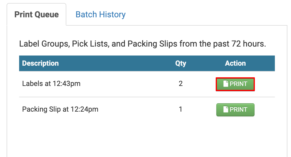 The print queue tab with the print button highlighted.