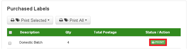 The purchased labels modal is displayed with the print button highlighted.
