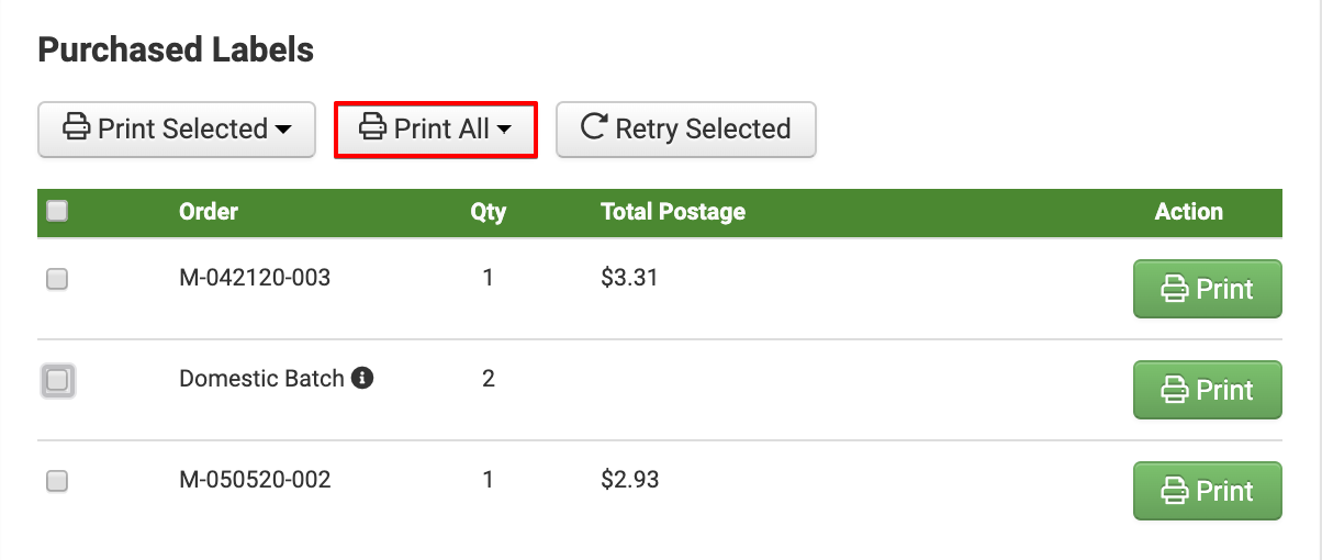 Purchased labels screen with the print all button highlighted.