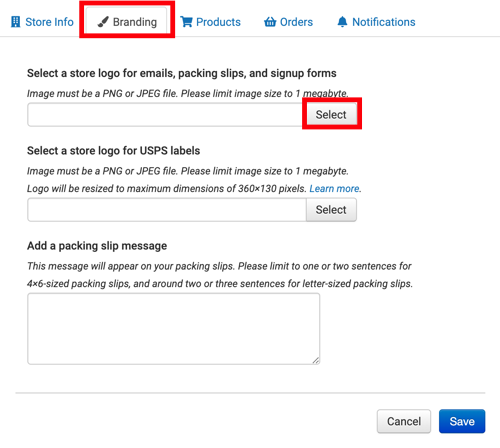 Select store logo to upload on Branding tab of Stores & Orders