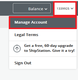 The account menu (typically located at the top left of the Stamps.com account page) is expanded and Manage Account is selected,