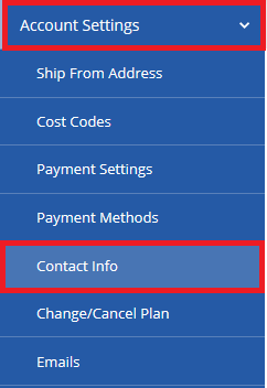 The Stamps.com account settings menu is expanded and contact info is selected