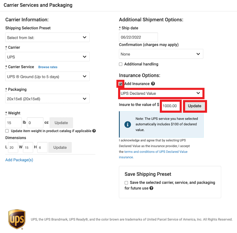 The UPS carrier shipment options screen with the Add Insurance, UPS Declared Value, and value insurance options highlighted.