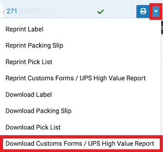 Order actions menu expanded with Download customs forms/UPS High Value report marked