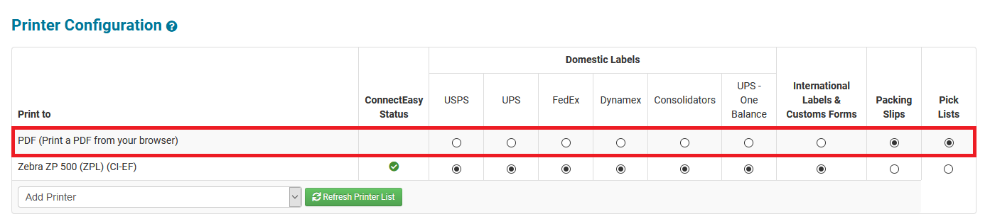 The printer configuration screen is displayed and the PDF print a pdf file from your browser option is highlighted.