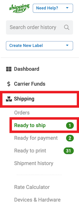 Side navigation bar. Boxes highlight Shipments then Ready to Ship options