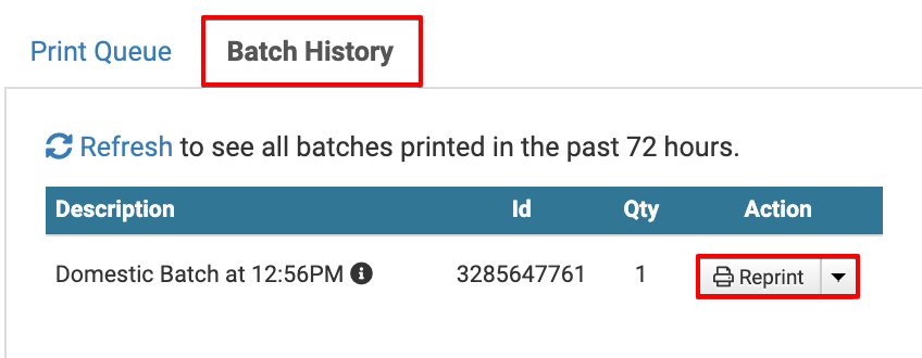 Batch history is selected and the reprint button is highlighted.
