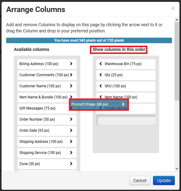 Arrange columns popup showing Product Image column marked