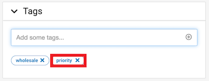 Order Details Tags section expanded. The order tag Priority X is marked.
