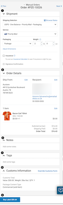 The order details slideout shows the numbered sections. 1. Order Details 2. Shipment 3. Notes 4. Tags 5. Customs Information 7, Buy Label button. Each section can be expanded to edit