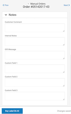 Order details slideout notes section.