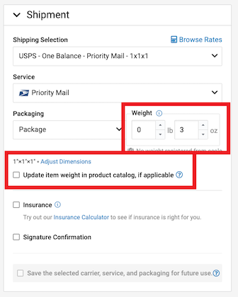 Order details slideout. The Shipment section is expanded, and the options to adjust dimensions and weight are marked.
