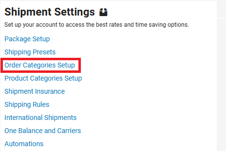 shipment settings then order categories setup