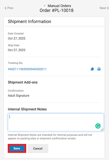 The shipment history page shows the shipment details and the Internal Shipment Notes box.