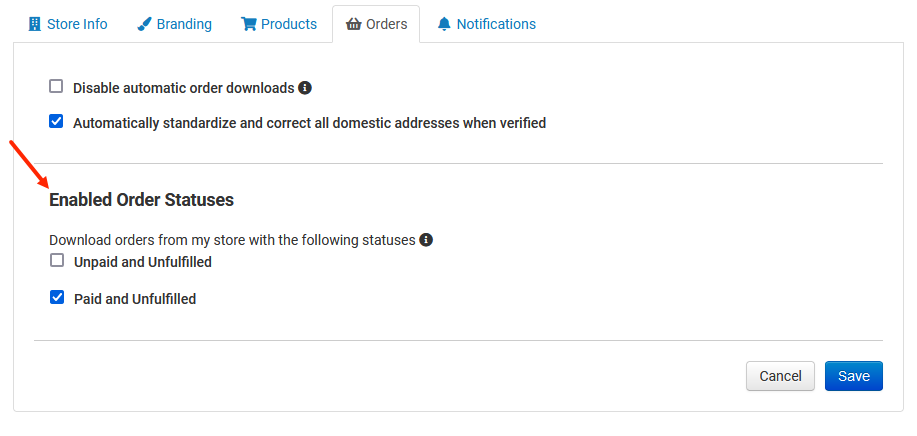 Orders tab of stores page showing Enable order statuses highlighted