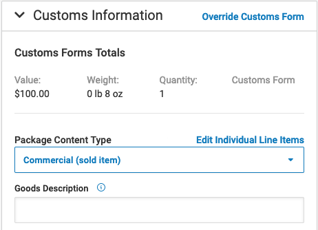 Customs info on Order Details showing Package Content type and Goods Description fields