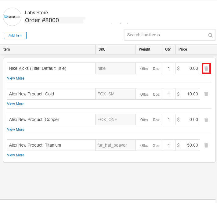 Order details showing all the listed line items. The trashcan icon is marked.