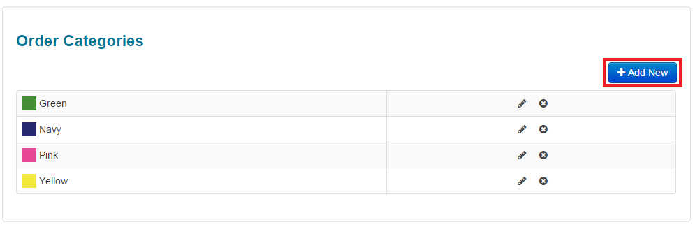 Add New button on the order categories page