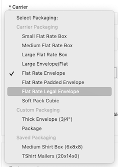 The packaging dropdown on the Ready to Ship page