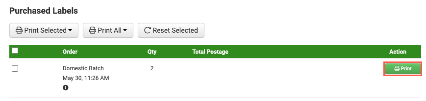 domestic batch ready to print print button marked