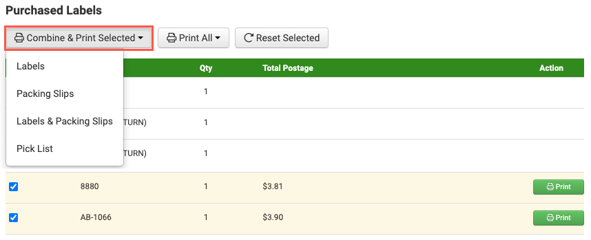 Ready to Print Combine & Print selected button