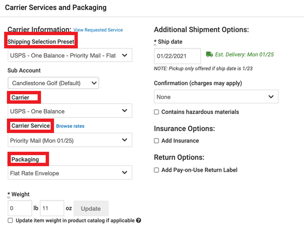 The Carrier Services and Packaging screen highlighting the shipping selection preset, carrier, carrier service, and packaging fields.