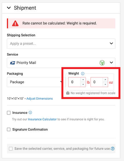 Order details slideout no weight registered marked