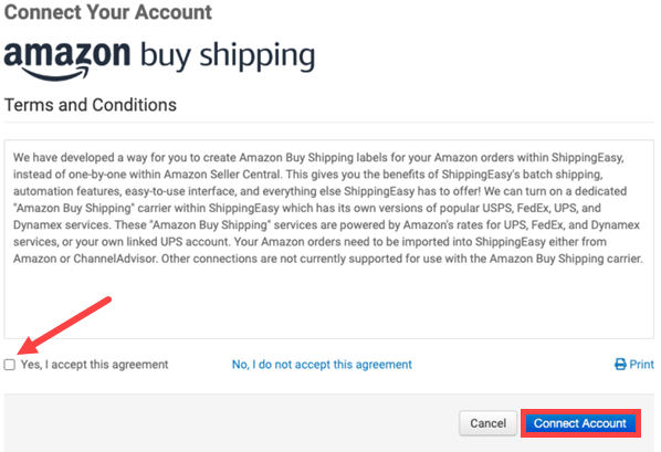 Arrow points to checkbox: Yes, I accept Agreement. Connect Account button highlighted
