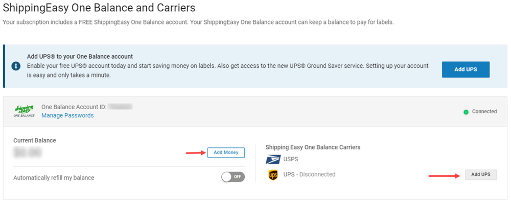 Add Funds popup for UPS One Balance. Arrows point to Add Money link and Add UPS button.