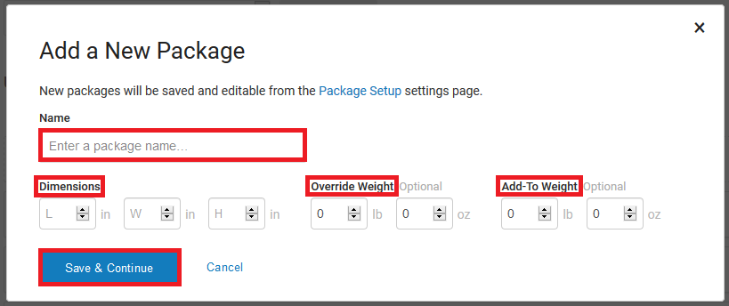 Add a New Package pop-up with multiple fields highlighted
