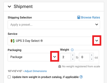 The order details show the dropdown for Service and Packaging marked.