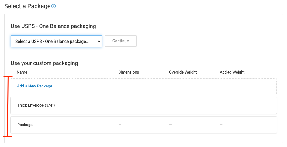 Select a Package page with Use your custom packaging highlighted