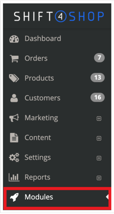 Box highlights Modules option in Shift4Shop sidebar menu