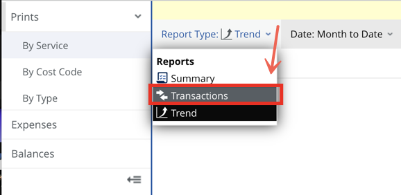 Box highlights Transactions option under Reports Type menu
