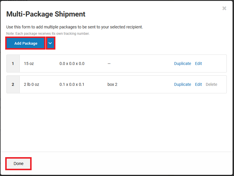 Multi-Package Shipment screen with the Add Package and Done buttons highlighted