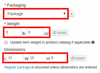 Packaging, weight, and dimensions fields filled in for the first package.