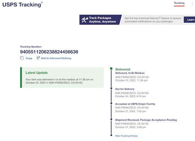USPS tracking screen showing delivery accepted