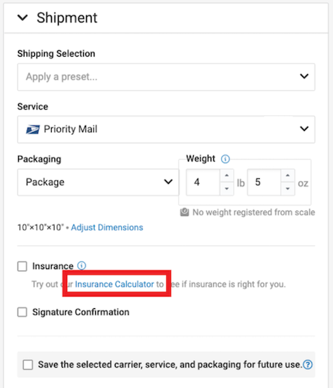 The order details shipment section is expanded. Insurance Calculator is marked