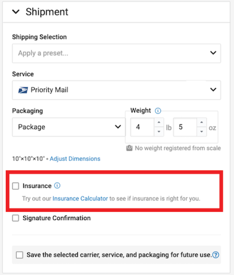 The order details shipment section expanded. Insurance is marked