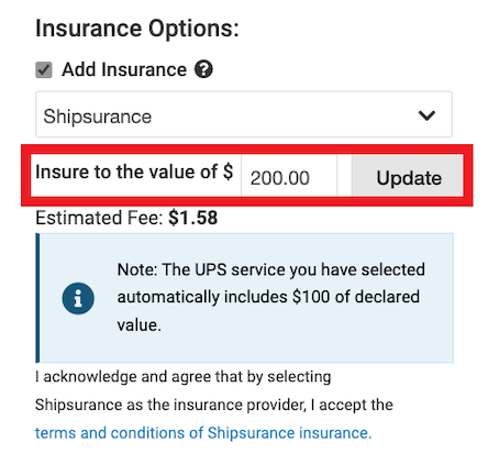 Insurance Option showing a check to Add Insurance with Shipsurance selected from the dropdown. The insured value is showing $200 for an estimated fee of $1.58.